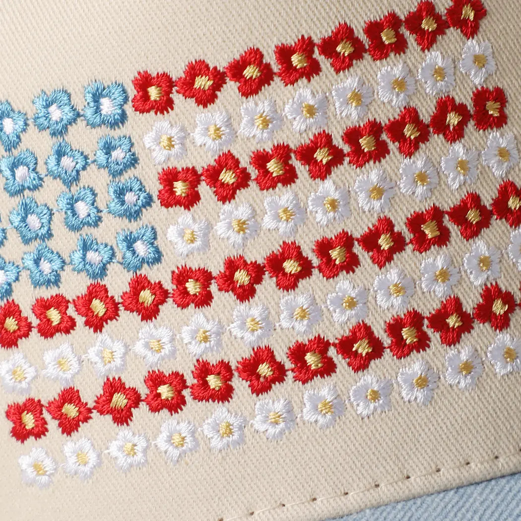 Floral American Flag Embroidered  Trucker Hat
