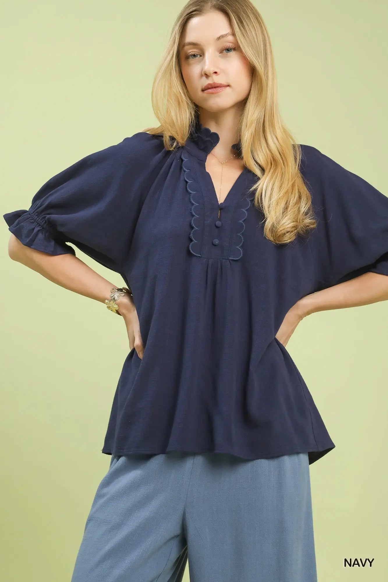 Linen Scalloped Ruffle Neck Blouse