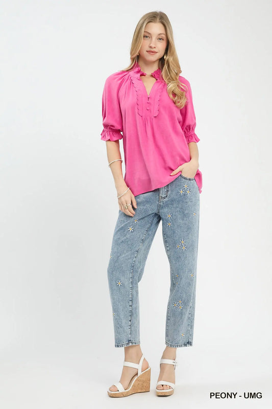Linen Scalloped Ruffle Neck Blouse