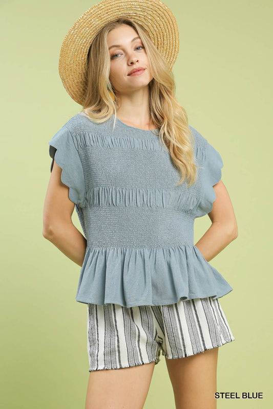 LINEN  blend smocked peplum top