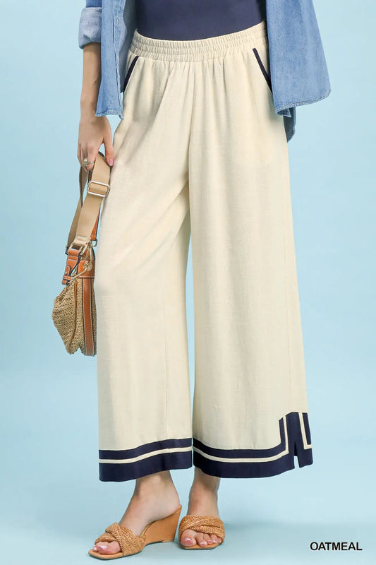 Linen Wide Leg Contrast Trim Gauze Pants