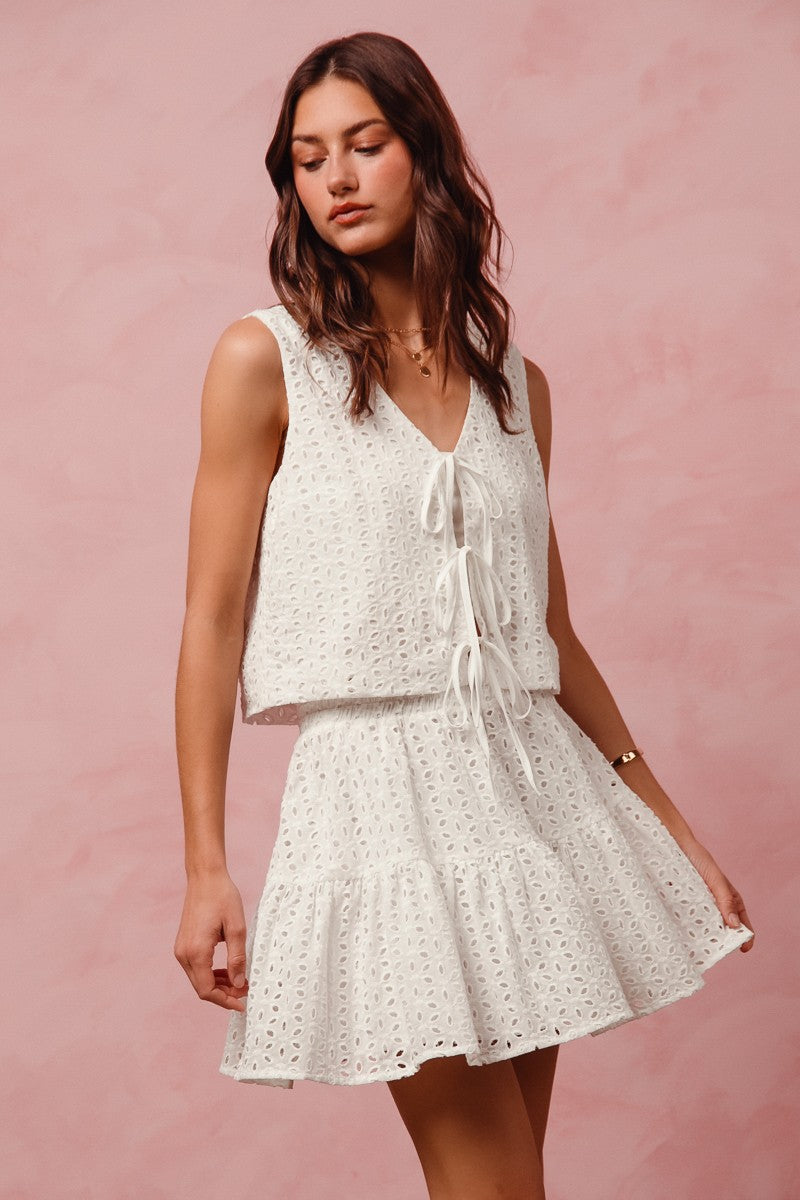 Floral Eyelet Lace Tie Vest Top And Mini Skirt Set