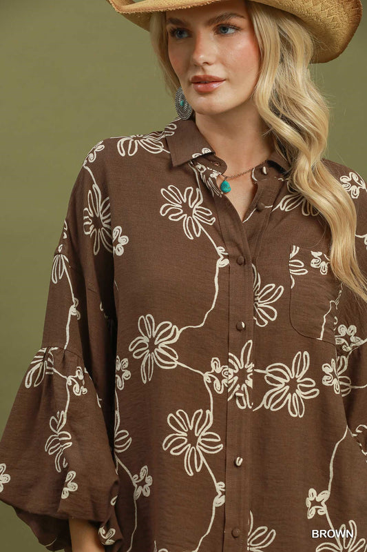 Floral Print Button Front Balloon Sleeve Blouse