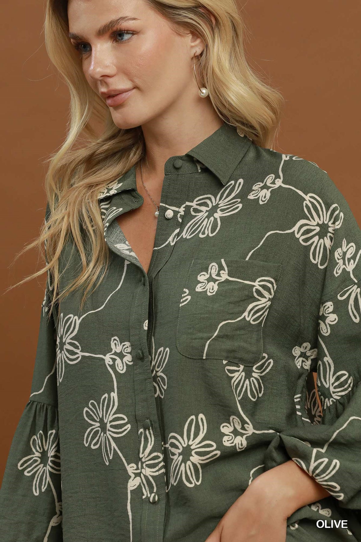 Floral Print Button Front Balloon Sleeve Blouse