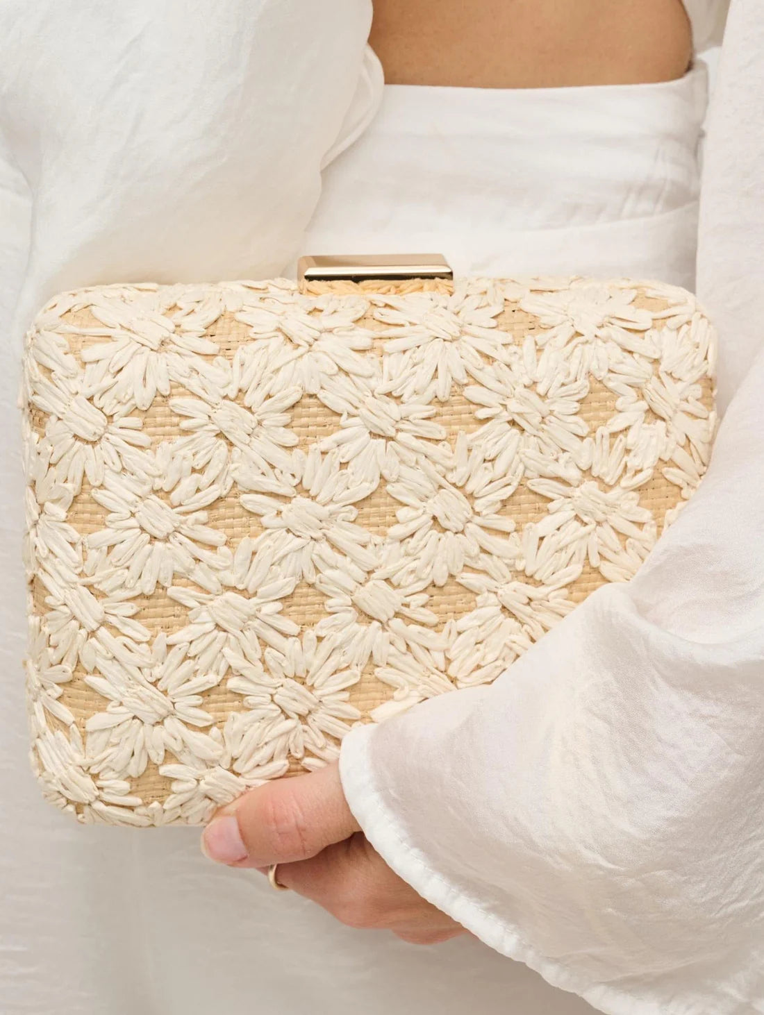 Floral Straw Clutch with Chain Strap
