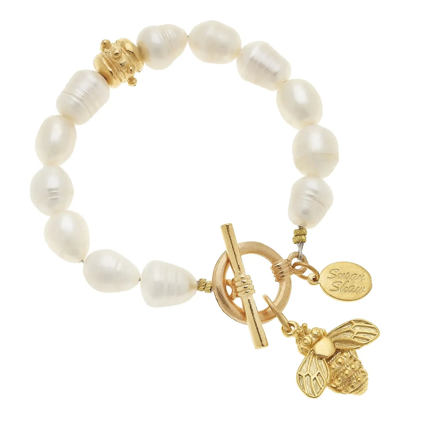 Gold Bee On Genuine Freshwater Pearl Bracelet