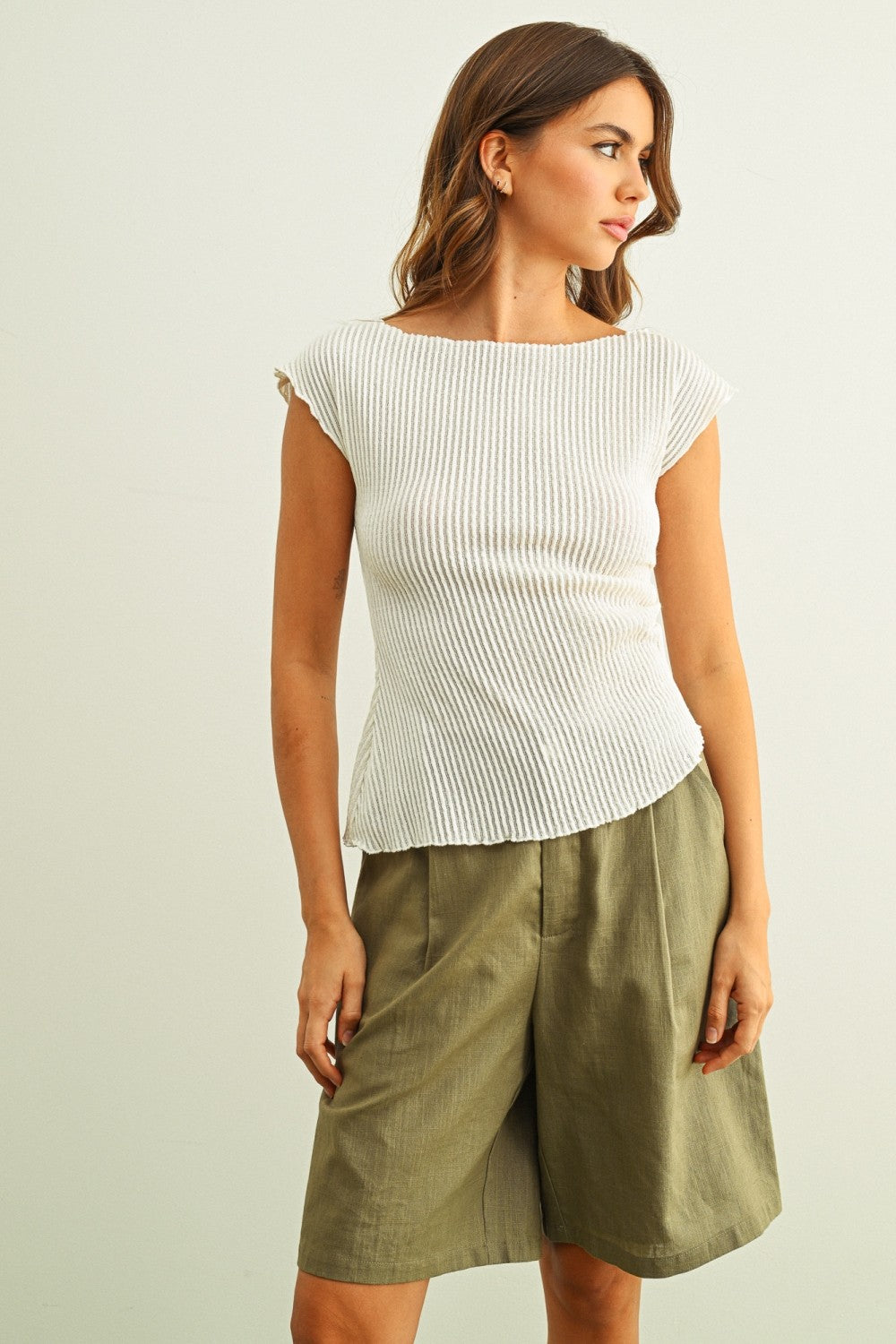 Crinkled Fabric Cap Sleeve Top W/ Shirring Detail