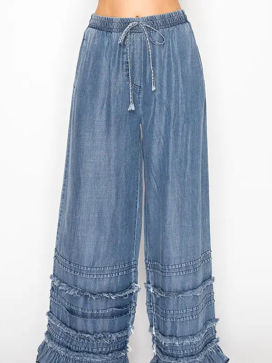 Boho Tiered Chambray Wide Leg Palazzo Pants