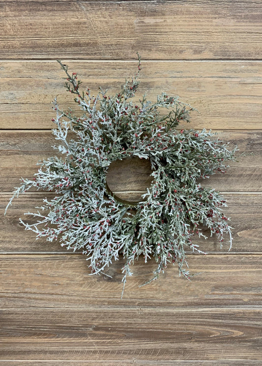 Glittered cedar and red berries candle ring