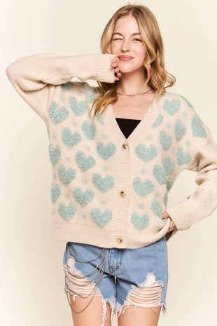 Long Sleeves Button down Fluffy Heart Sweater Cardigan.