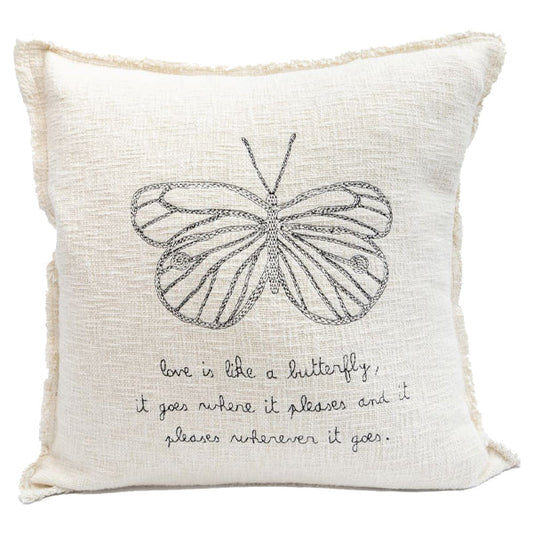 Embroidered Love Is Like A Butterfly Pillow 24"x24" BEIGE