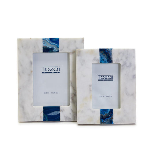 White Marble W/ Blue Agate Inlay Photo Frame