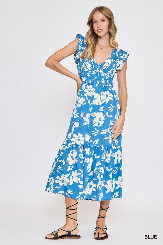Two Toned Floral Print Midi Dress