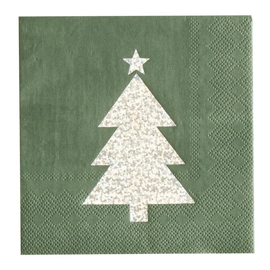 Green Cocktail Napkin Silver Tree