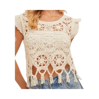 Lace Sleeve Fringe Eyelet Crochet Top