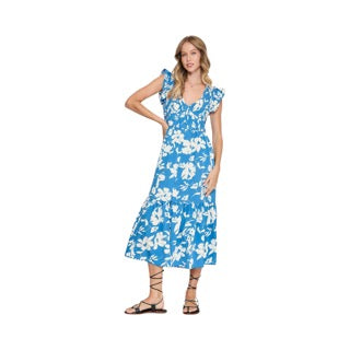 Two Toned Floral Print Midi Dress