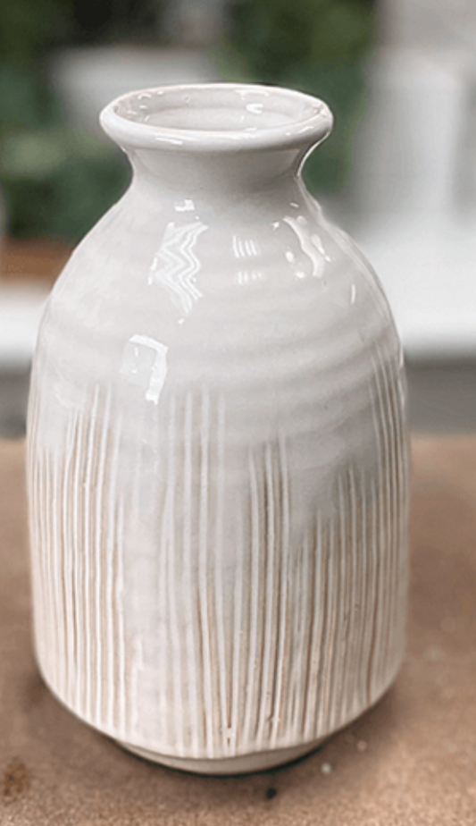 White Striped Large Vase- 7"