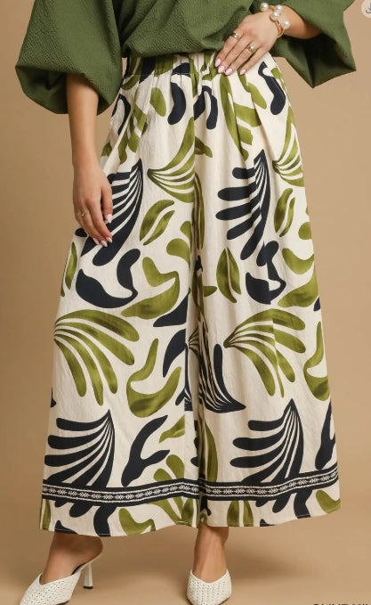 Mix Tropical Leaf Print Wide Leg Pants