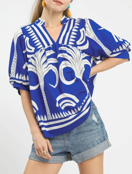 Folk Art Palm Print V-Neck Top