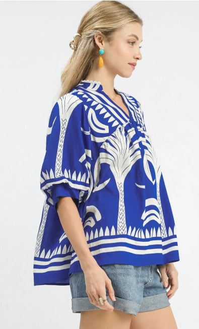 Folk Art Palm Print V-Neck Top