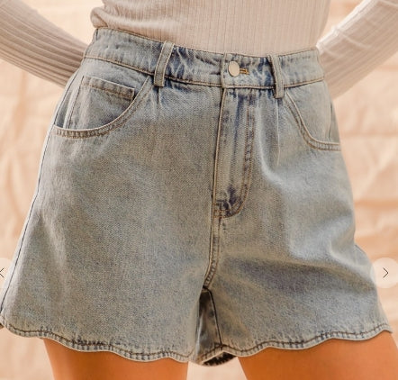 High Rise Denim Shorts with Scallop Hem