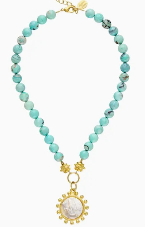 Mother of Pearl Dove on Aqua Jasper Necklace