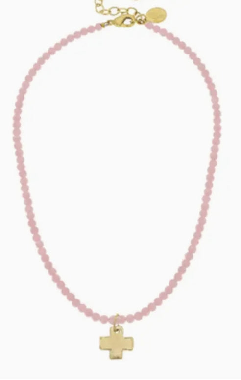 Gold Cross on Light Pink Beaded Necklace