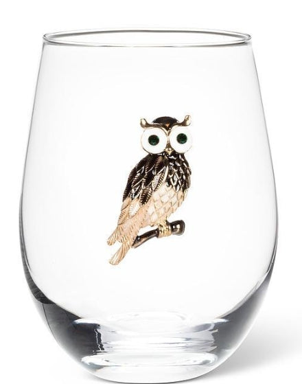 Stemless Wine Glass with Jeweled Owl