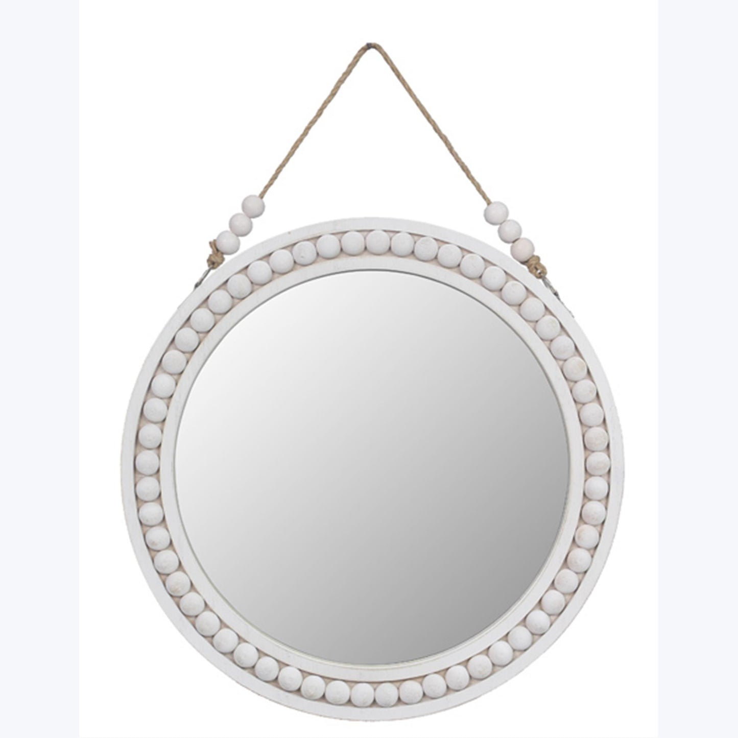 Round Mirror with Beaded Wood Frame with Rope