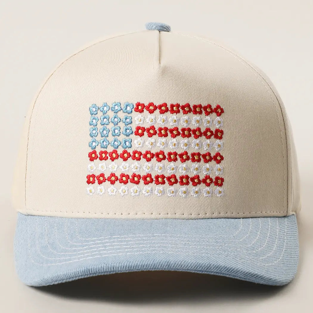 Floral American Flag Embroidered  Trucker Hat