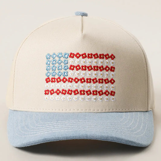 Floral American Flag Embroidered  Trucker Hat