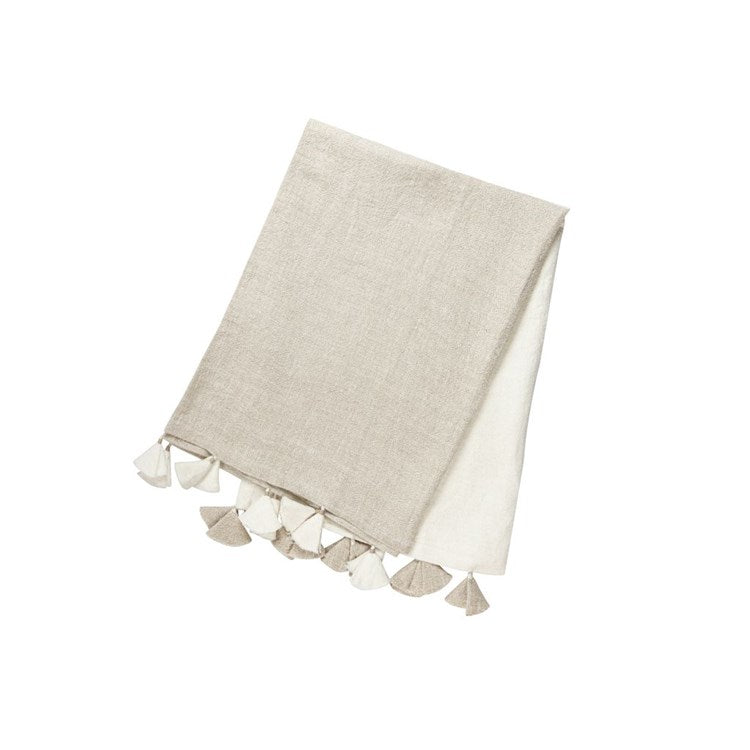 Natural Beige Colorblocked Linen Throw with Tassels