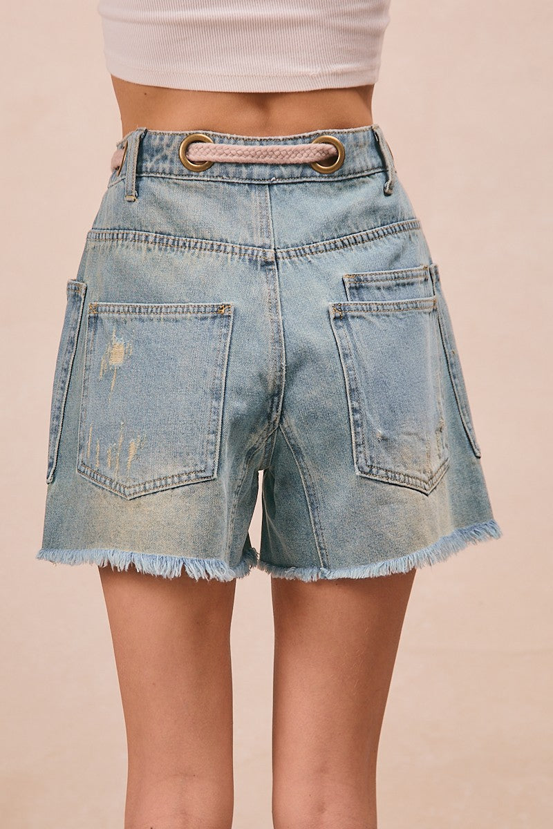 Braided Waist Belt Pockets Washed Denim Shorts
