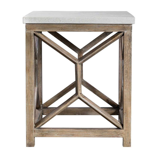 Natural wood and limestone top side table