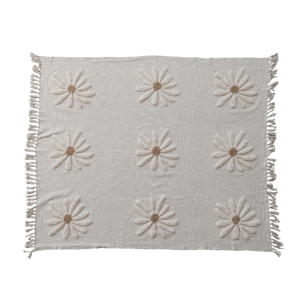 Cotton Slub Throw with Tufted Flowers & Fringe, Natural & Tan Color