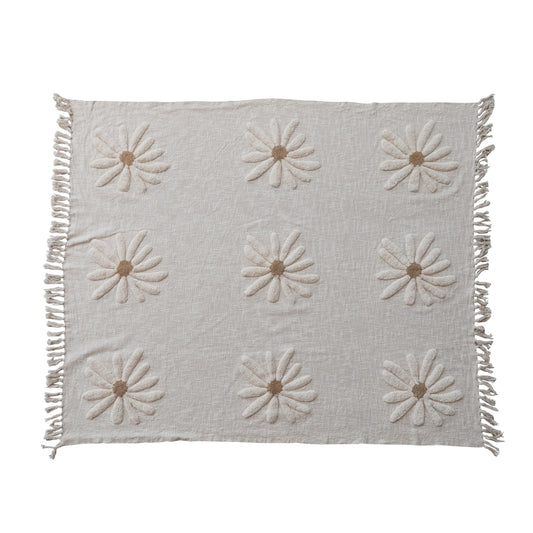 Cotton Slub Throw with Tufted Flowers & Fringe, Natural & Tan Color