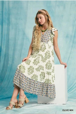 Ruffle Sleeve Mixed Print Midi Dress