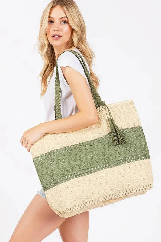 Two Tone Woven Straw Tote Bag