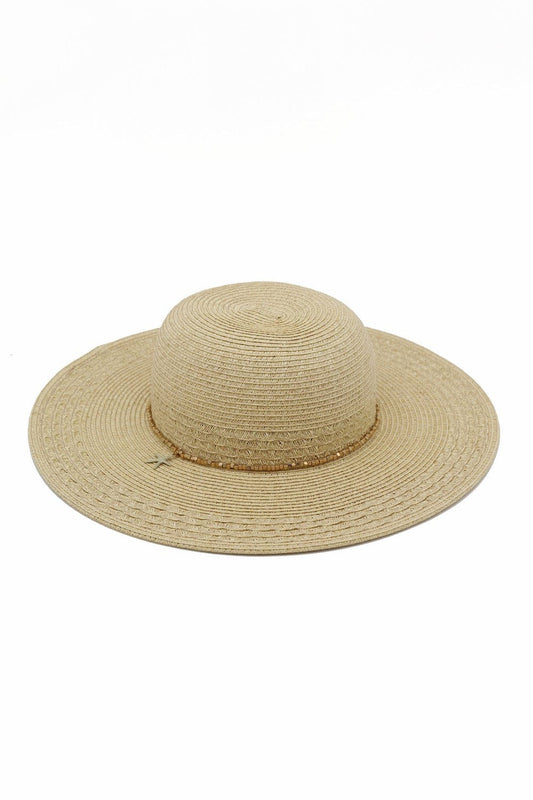 Wide Brim Straw Hat With Starfish Sequin Charm Band