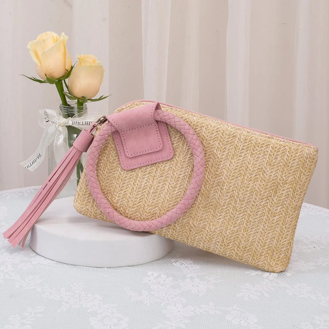 Straw Wristlet/Clutch With Tassel