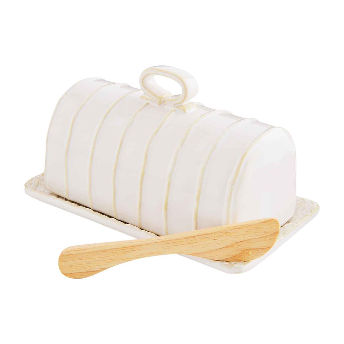 Textured stoneware butter dish with lid. Comes with wood spreader.