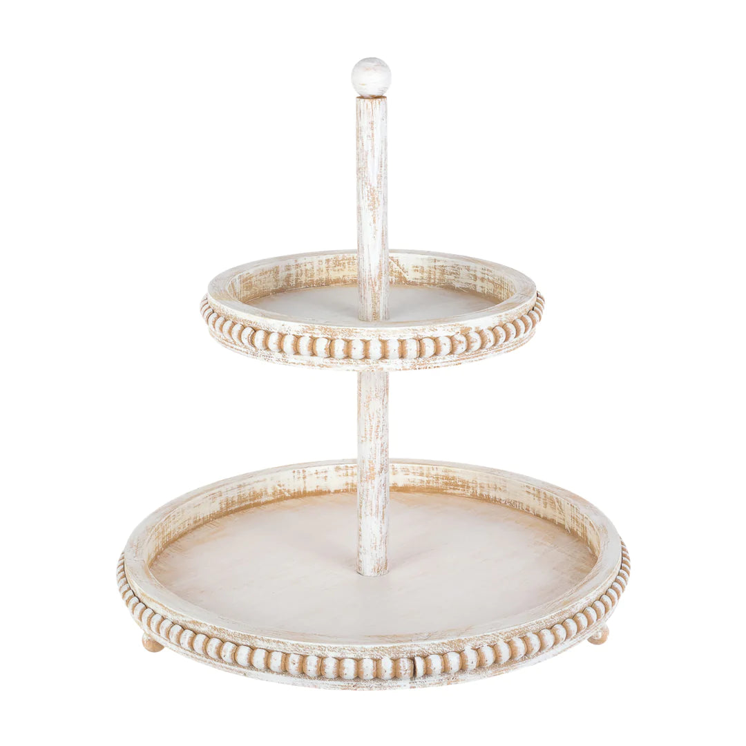 White Weathered Beaded Tiered Tray